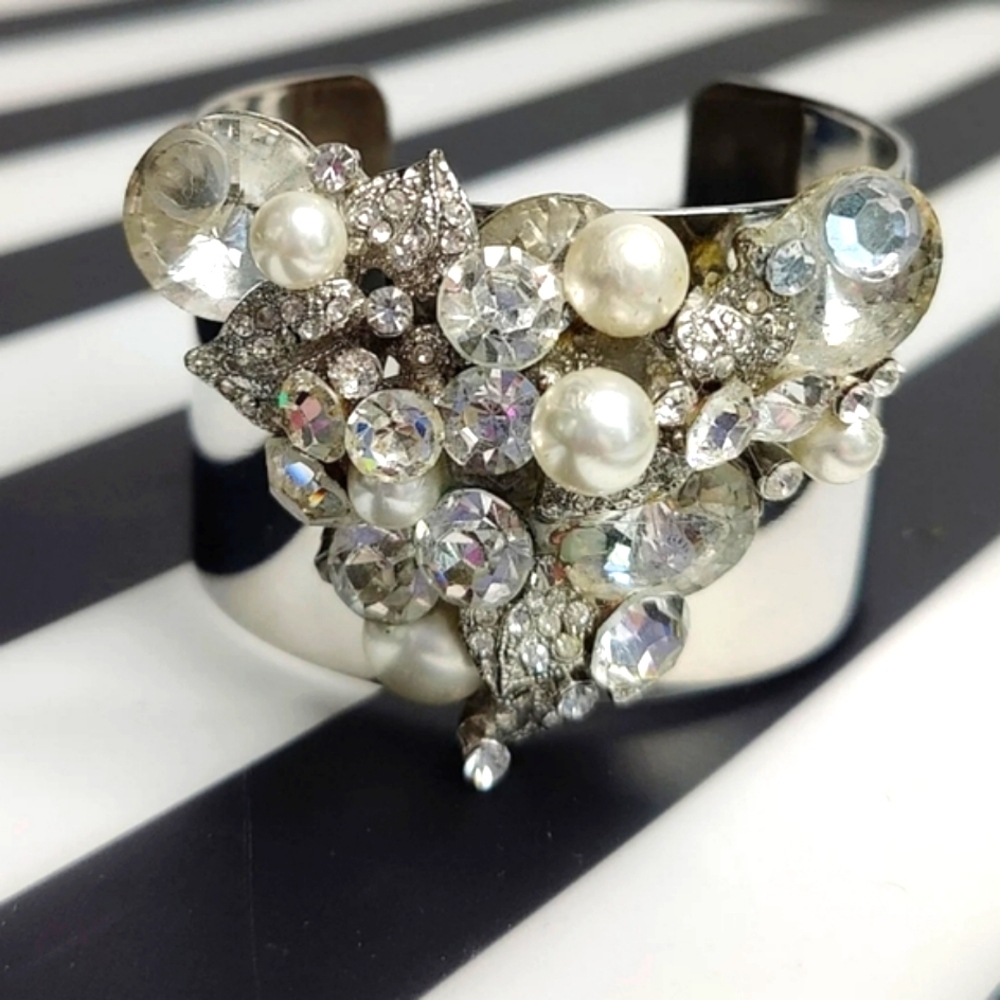 Silver Rhinestone Pearl Statement Cuff Bracelet